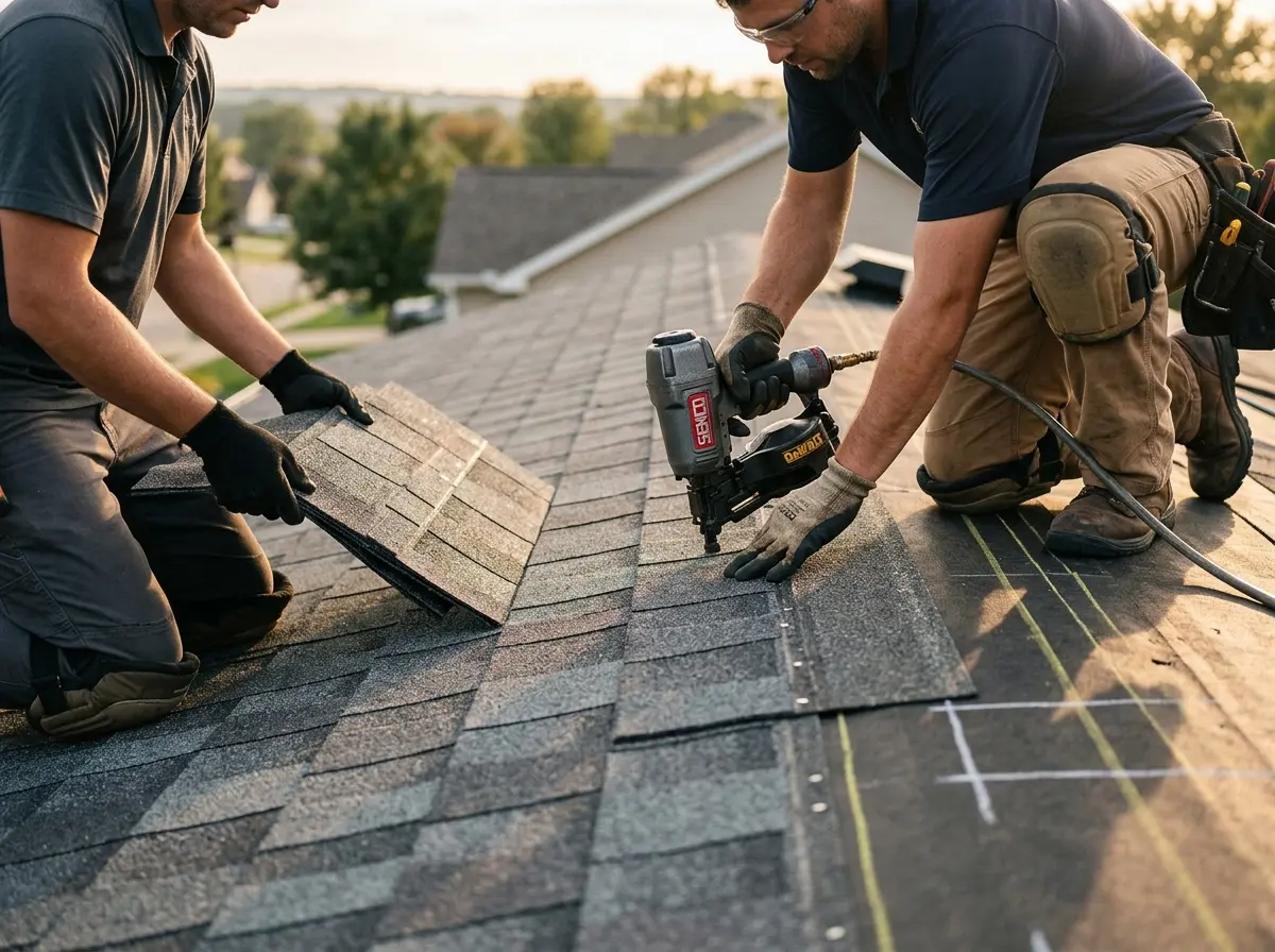 Professional roofer working on a residential roof in Town of Pecos